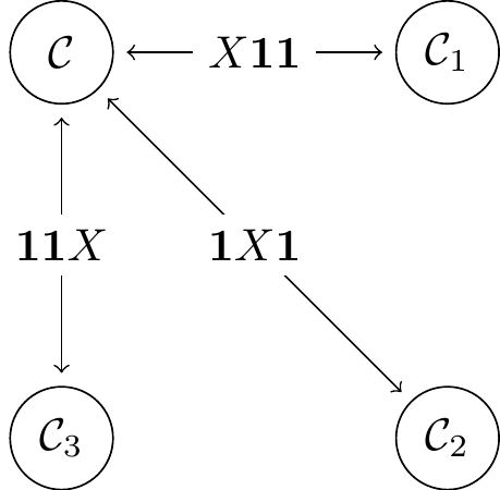 The single bit-flip error family X_i maps the codespace \mathcal{C} to the subspace \mathcal{C}_i, e.g. X_2|000\rangle=|010\rangle\in\mathcal{C}_2.