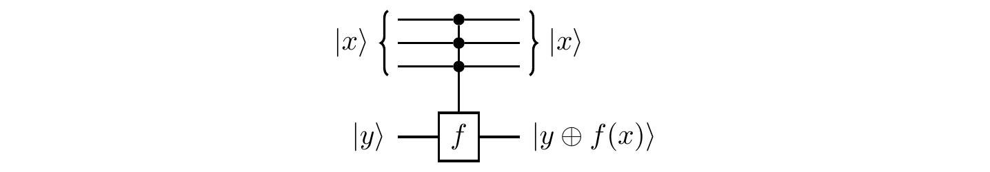 Computing some f\colon\{0,1\}^3\to\{0,1\} in a quantum manner, where x\in\{0,1\}^3, y\in\{0,1\}, and \oplus denotes \texttt{XOR}, or addition modulo 2.